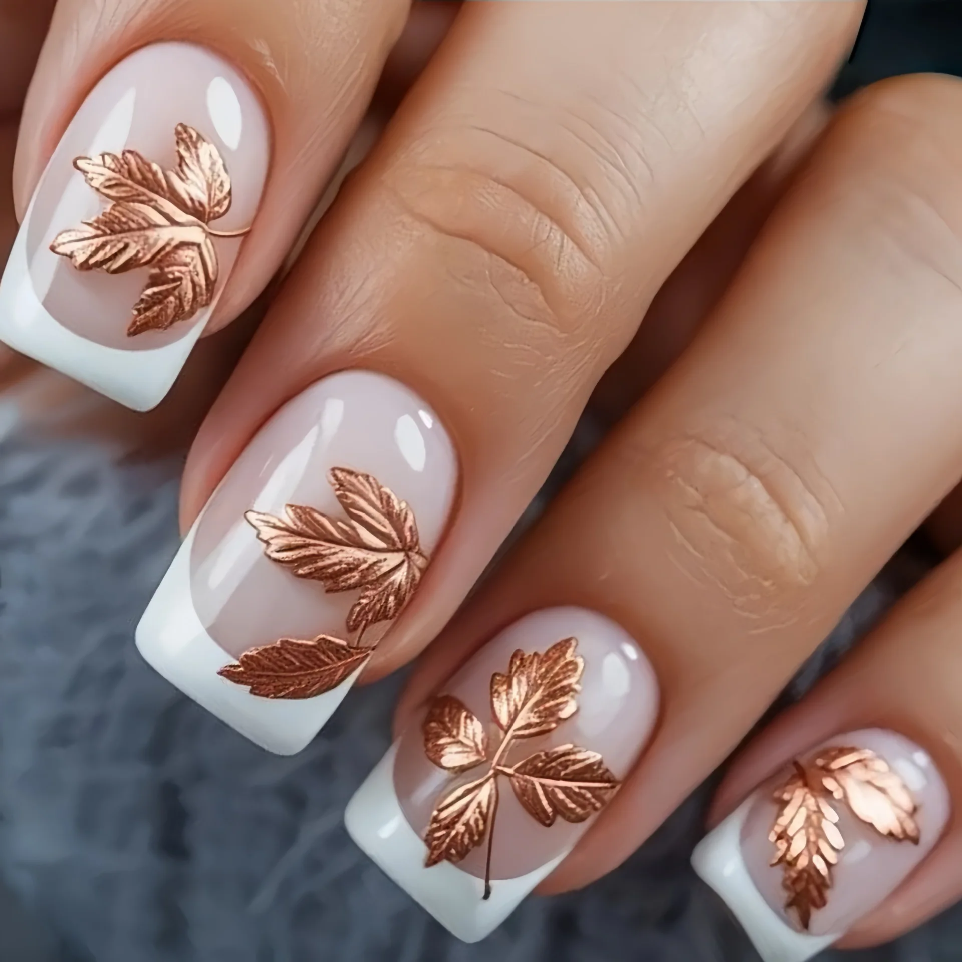 Medium Square fake nails for women girls Flowers butterfly flora design with white french edge tips press on false nail art set