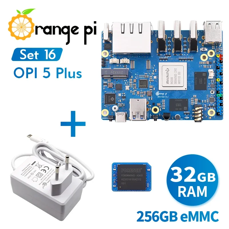 

Orange Pi 5 Plus 32GB+256G EMMC Module+5V4A Type-C Power Supply,DDR4 RK3588 M2 Slot NVME PCIE Orange Pi5 Plus SBC Mini PC Kit