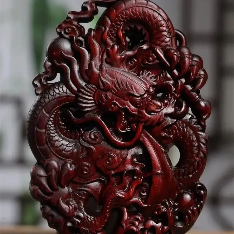 Escultura oca dupla face pingente de dragão chinês, jacarandá fino, marca Lucky Dragon, peça portátil, presente ano de vida masculino