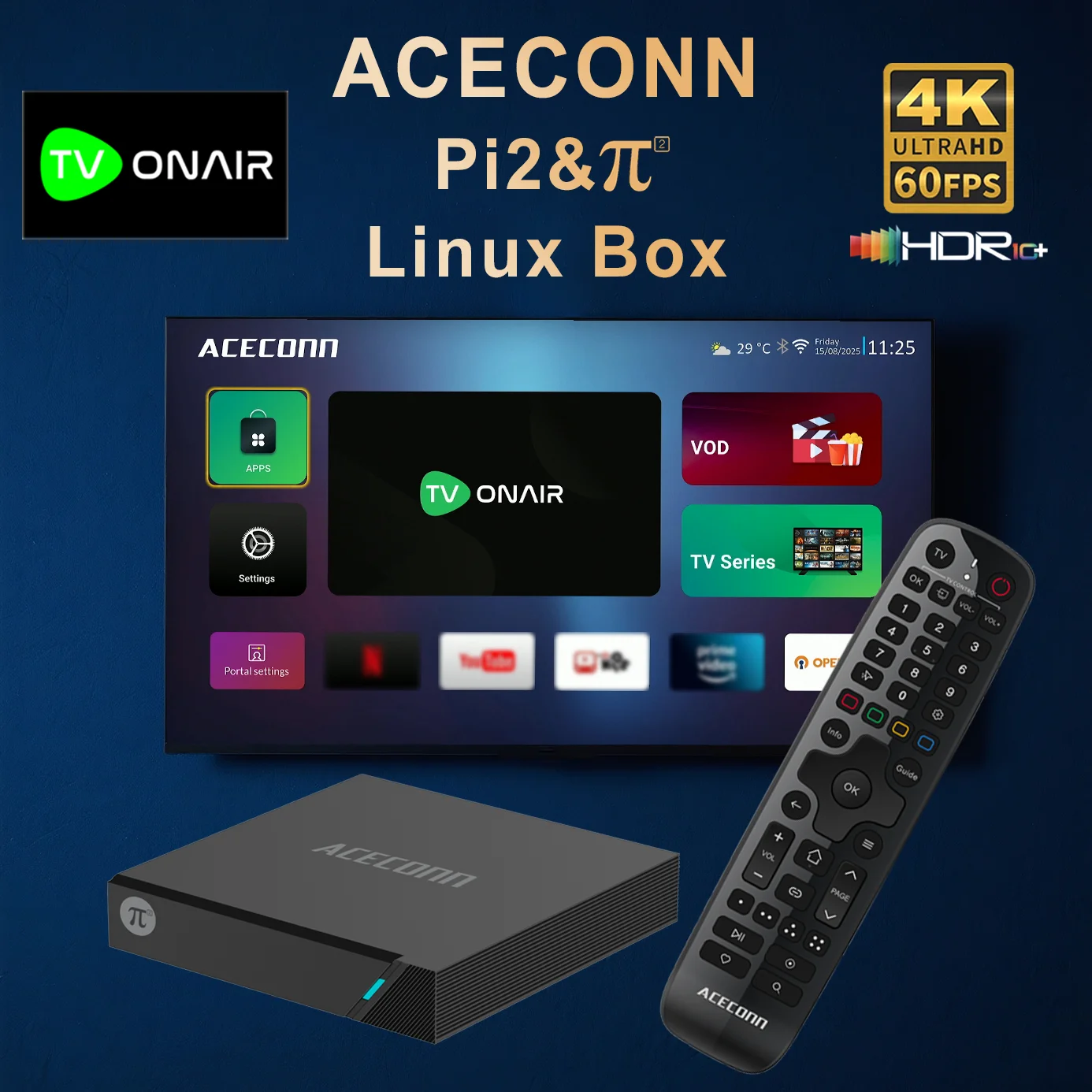 ACECONN Pi2 π2 Streaming Linux IPTV Boxes 4K 60hz HDR10+ HD TVONAIR STB Player OTA Dual WiFi BT Supported Remote Control TV Box