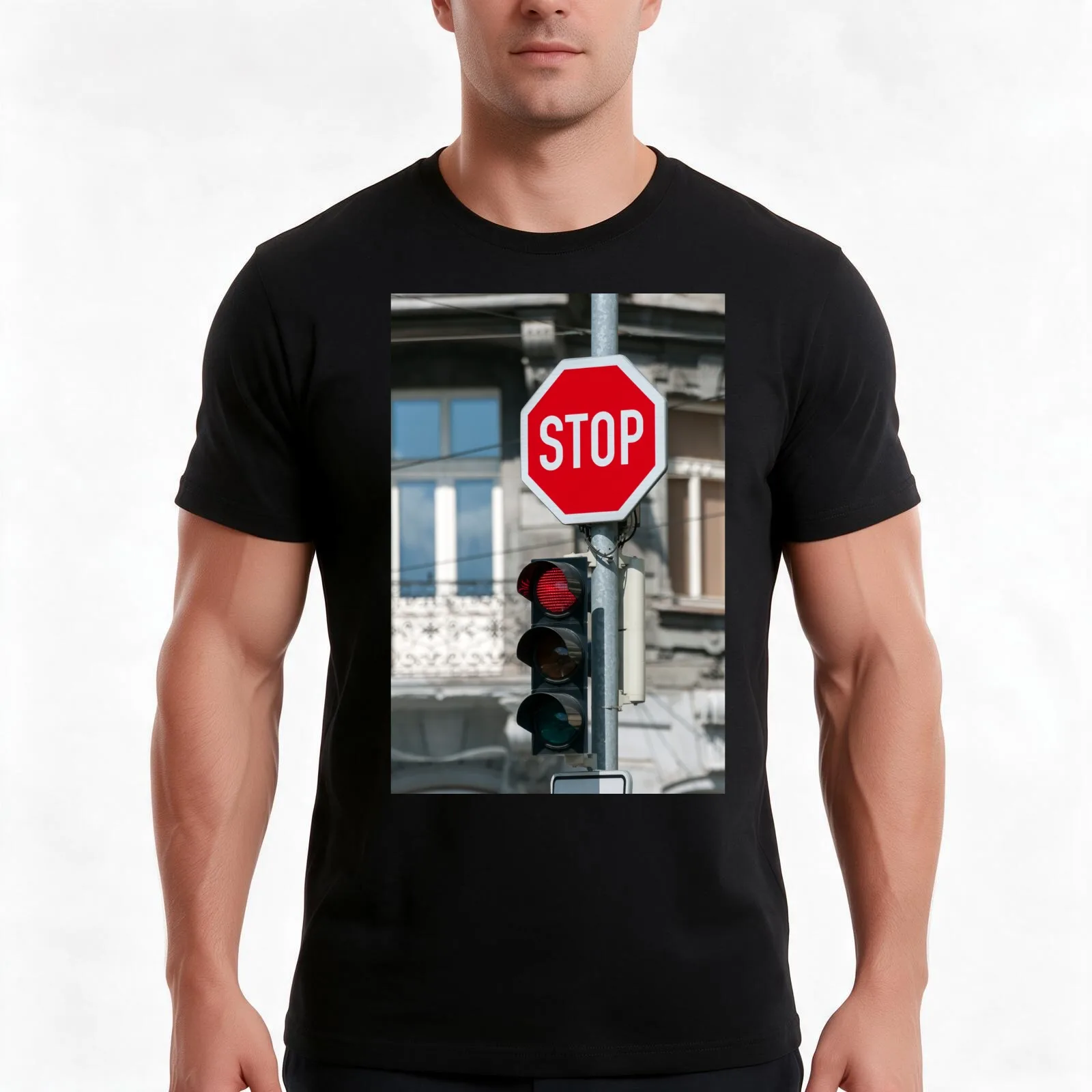 Red traffic light. T-Shirt, Summer Casual Cotton Tee, Oversized Streetwear Tops, Vintage Graphic Print, Loose Fit Short Sleeve