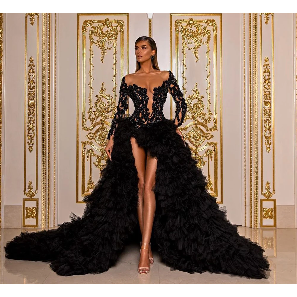 Preto Luxo Elegante Vestidos De Noite Mangas Compridas Lantejoulas Apliques Ruffles Hi-Lo Tulle Mulheres Prom Pageant Vestidos Custom Made