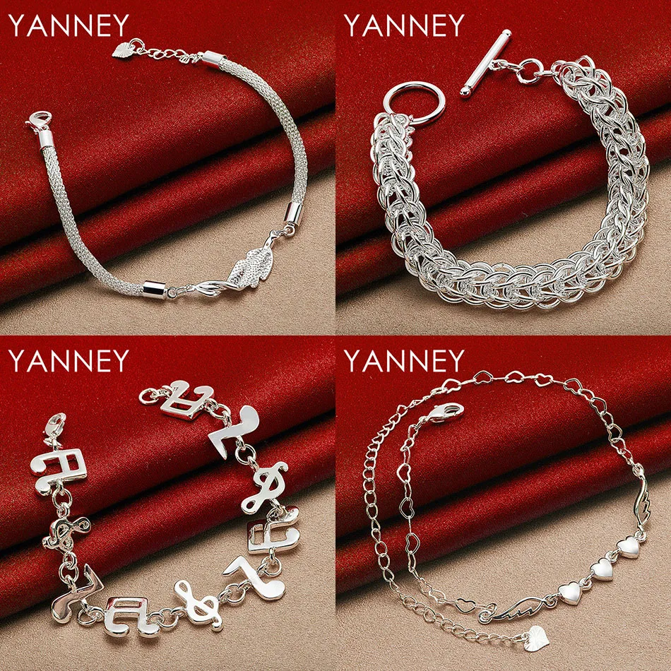

925 Sterling Silver 8" Delicate Heart Shape Musical Note Bracelet Women Fashion Party Jewelry Charm Accessories