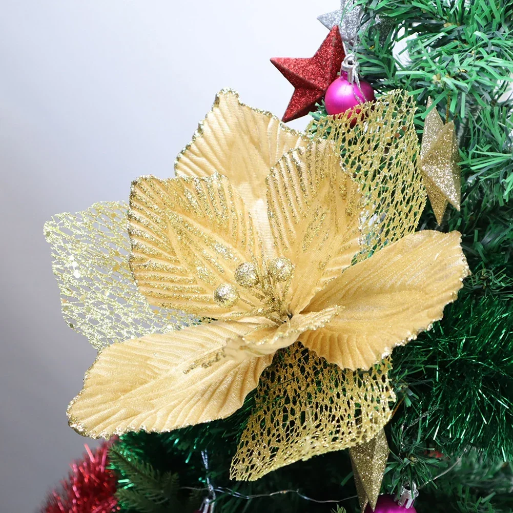 

27CM Glittery Christmas Flowers Simulation Sequin Floral Xmas Tree Decor Cloth Flowers Christmas Party Home Decorative Ornament