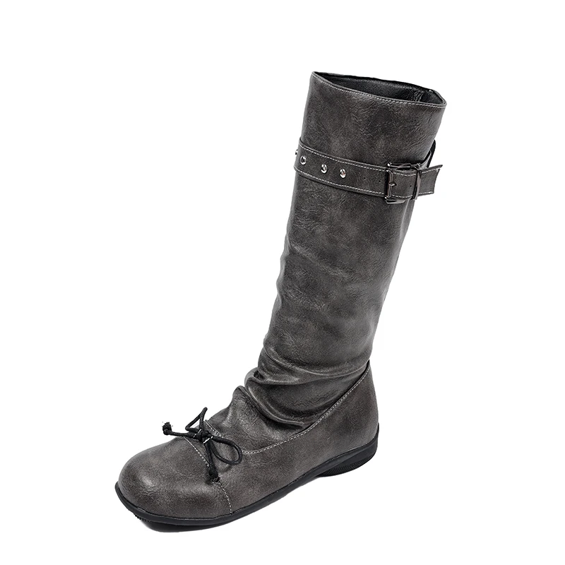 2026 New Women's Vintage Distressed Leather Ankle Boots Square Toe Buckle Strap Pleated Boots Retro Casual Wedge Flat Heel Shoes