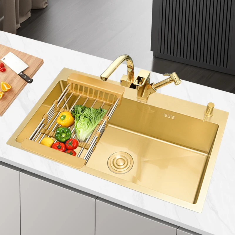 Feiyu Waterfall Water Outlet Golden Sink Handmade Thickened Kitchen 304 Stainless Steel Vegetable Washing Basin