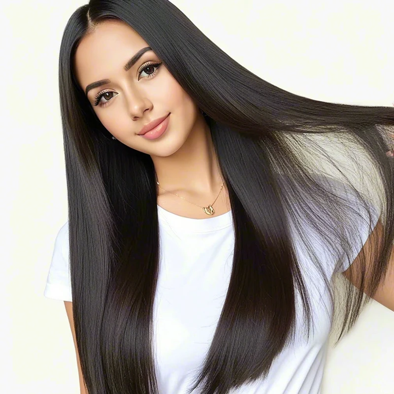 Black 28 inch straight synthetic wig fluffy, elegant and fashionable, suitable for daily party women