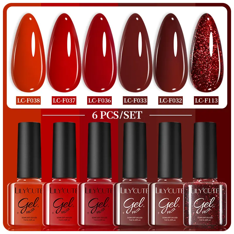 LILYCUTE 7 مللي 6 قطعة جل طلاء الأظافر ANCOLA الأحمر بريق الشتاء شبه الدائم نقع قبالة UV LED الورنيش تصميم مانيكير جل أطقم #1
