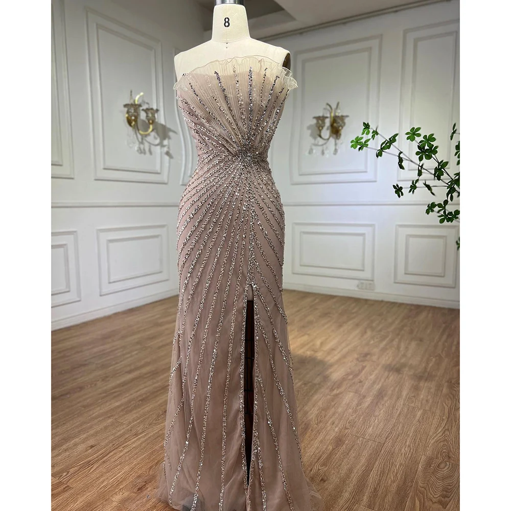 CustomizedCaramel High Split Off Shoulder Mermaid Evening Dresses Beaded Gowns 2024 For Women Wedding Party LA72049