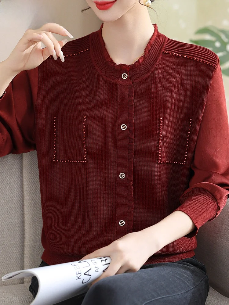 

Faionable Knitted Red irt Spring Clothing for Middle-Aged And ly Women Loose Fit Long Sve Button up Polyester Blend