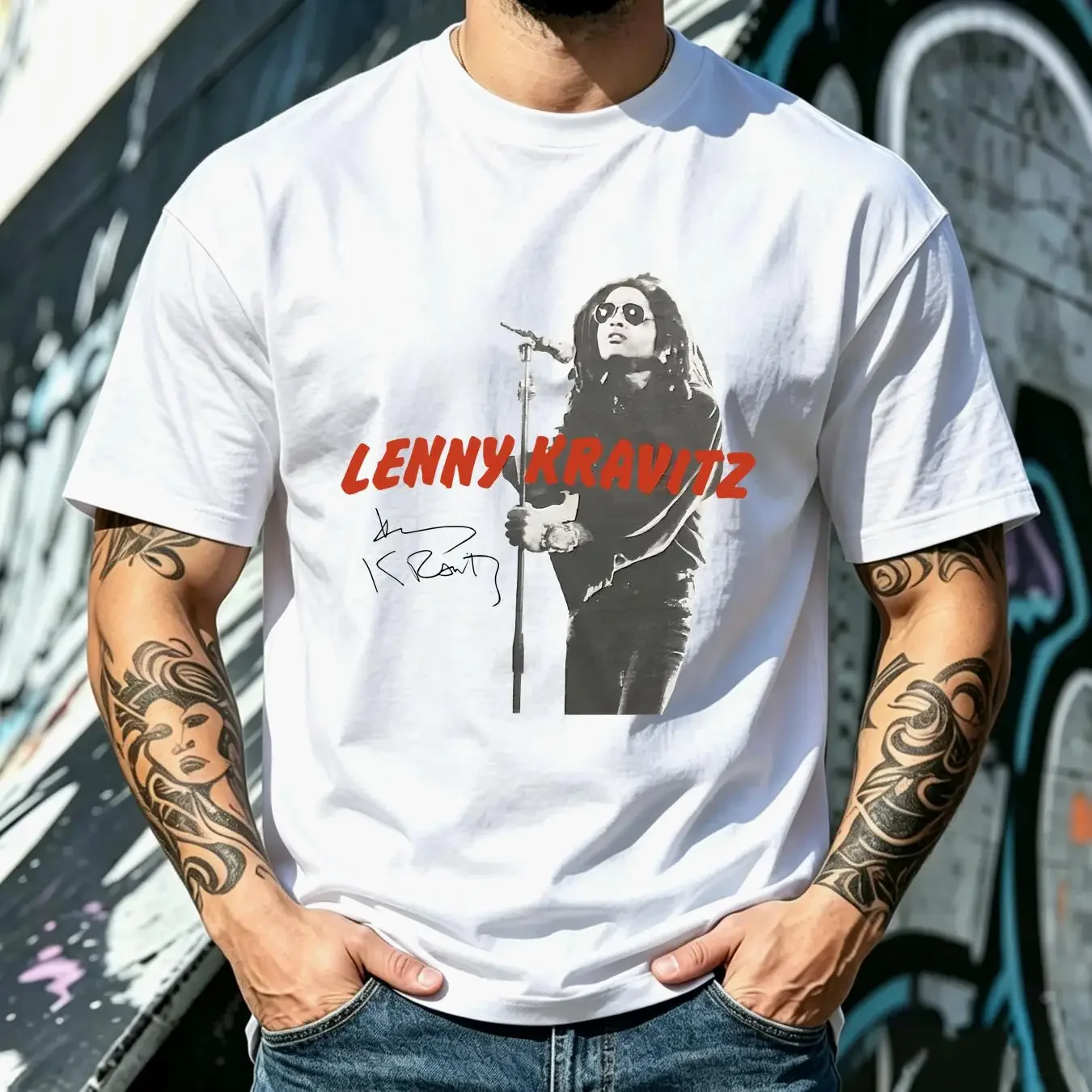 washed T Shirt Retro He Lives Tour Lenny Kravitz  White Men S 234XL H196 vintage Washed homme fashion Soft Stretched graphic