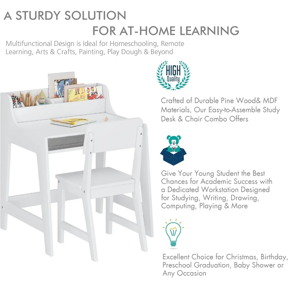 Kids Desk and Chair Set, Study Desk for Kids with Storage Bins, Children Study Table, Writing Desk for Bedroom & Study Room