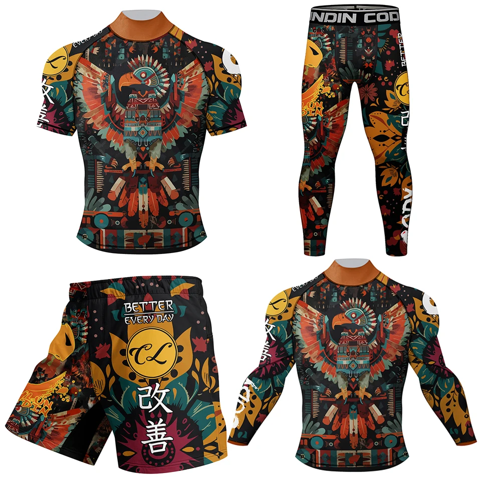 T-shirt + pantaloni MMA Jiu Jitsu rash guard brasiliano BJJ Not Gi Kimono Boxing Rashguard Set con pantaloncini in gomma e anti