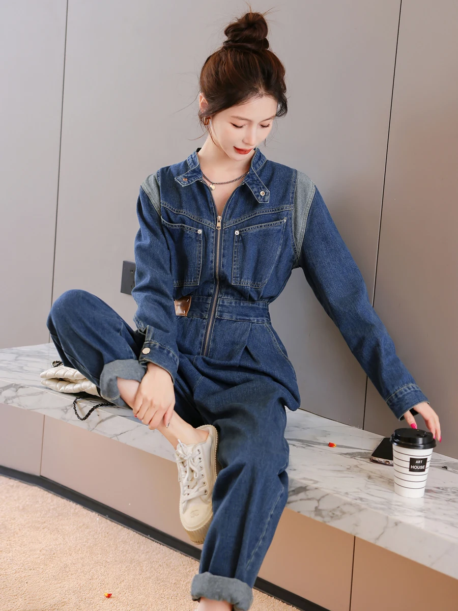 

Женские джинсовые комбинезоны, весна-осень, высокая талия, прямые брюки, застежка-молния, модный джинсовый костюм в стиле ретро с талией