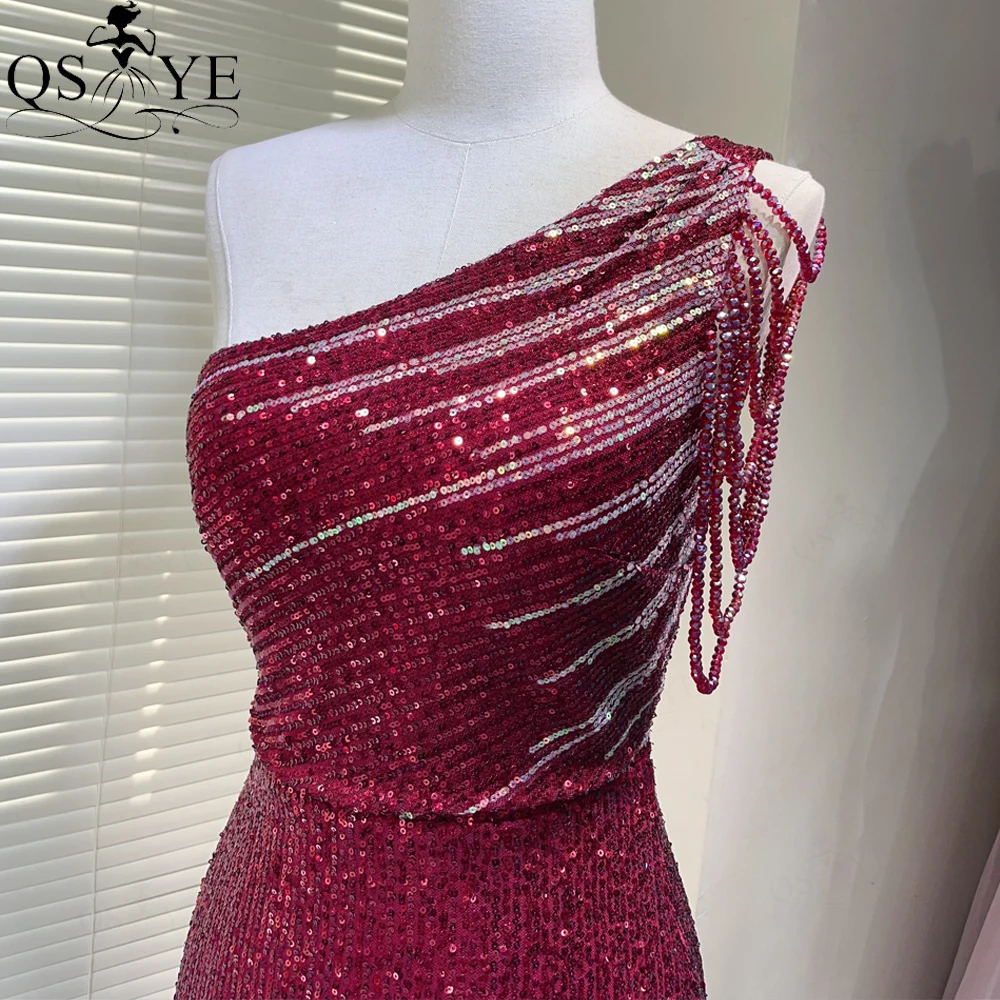 Crystal One Shoulder Burgundy Prom Dress Sequin Mermaid Evening Dress Slit Beading String Fade Sequin Red Formal Party Gown