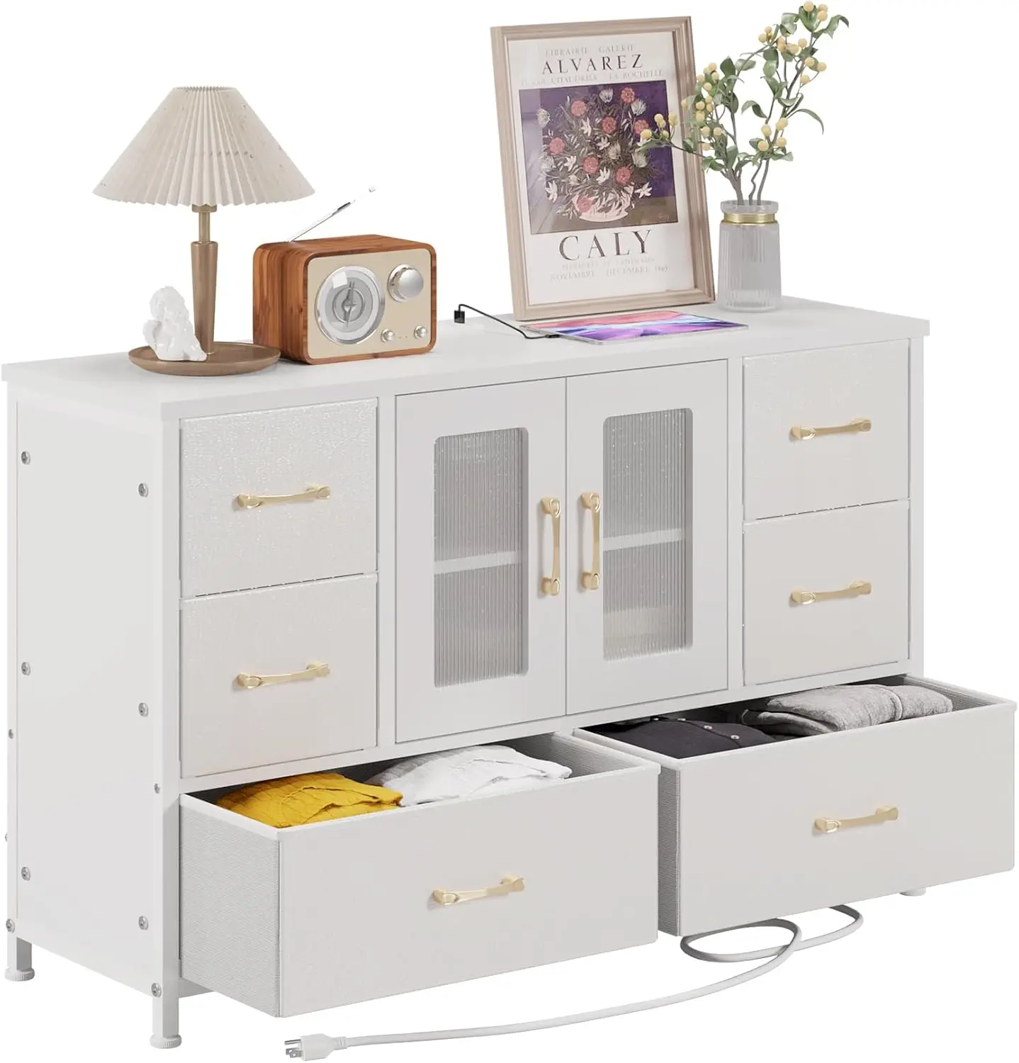 6-Drawers Dresser with 2 Storage Shelves and Open Door, Drawers Cabinet with Fabric Drawers，Power Outlets for Bedroom, Ha