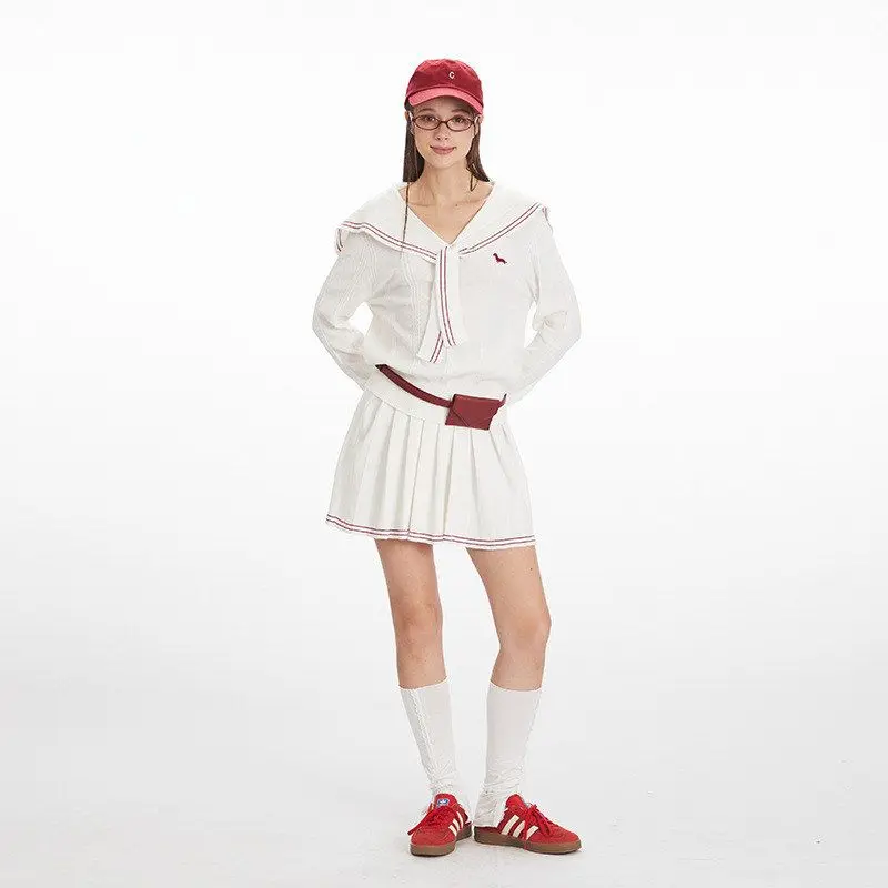 Zestaw HeyHenry: Delikatny, dzianinowy komplet jesienny, spódnica w kratę, długość do kolan, styl uniwersytecki, słodki, kobiecy, modny zestaw.