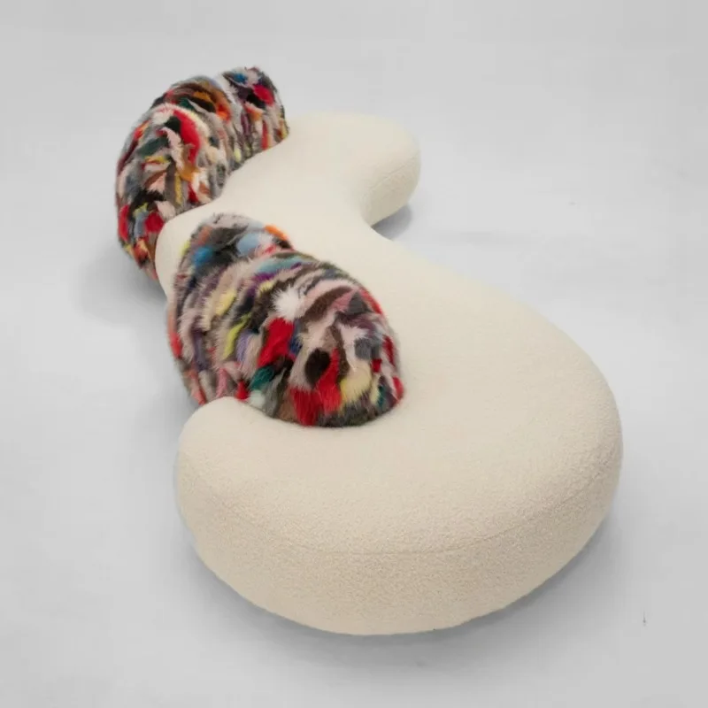 Artist niche designer sofa, cream living room curved fabric lamb wool S-shaped sofa