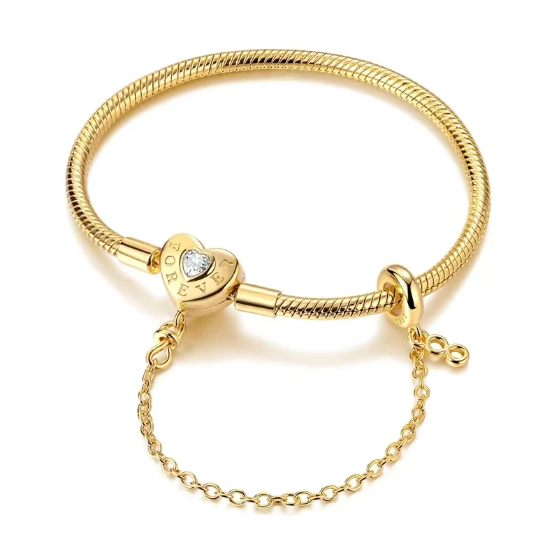 Fit Charm DIY Women's Jewelry Gift 925 Sterling Silver Gold Color Exquisite Four-leaf Clover Heart Lock Safety Chain Bracelet