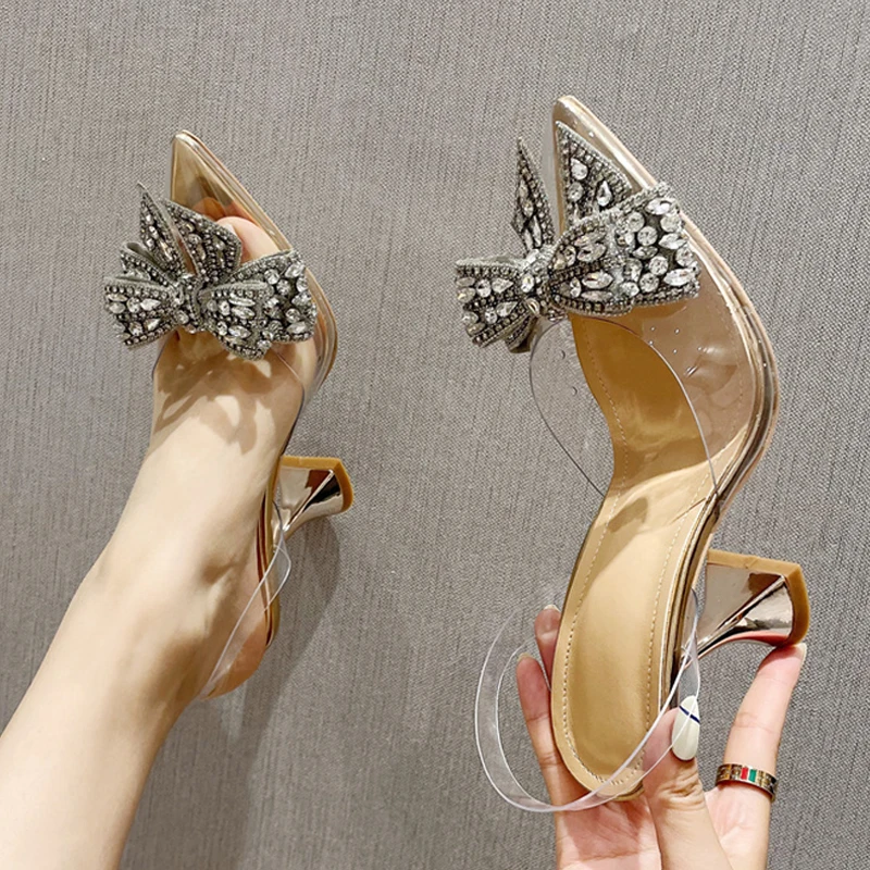 Transparent Women Pumps Luxury Rhinestone Bowknot Pointed Toe High Heels Sandals Ladies Wedding Prom Shoes Sandalias De Mujer