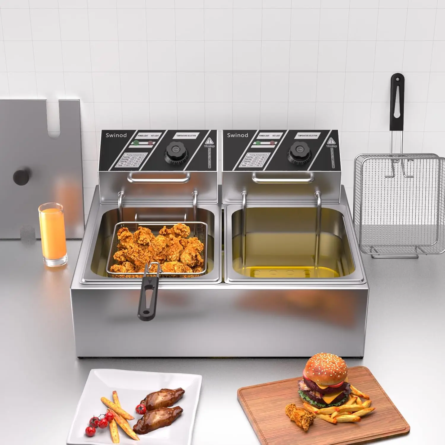 Fritadeira com cestas, fritadeira elétrica de óleo de bancada de aço inoxidável espessada 3000W 12,7QT/12L, grande capacidade com temperatura