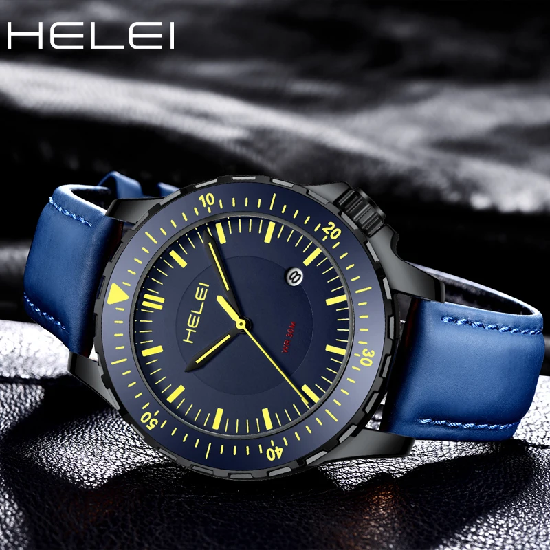 HELEI Fashion new sports casual quartz watch date genuine leather strap men\'s wristwatch