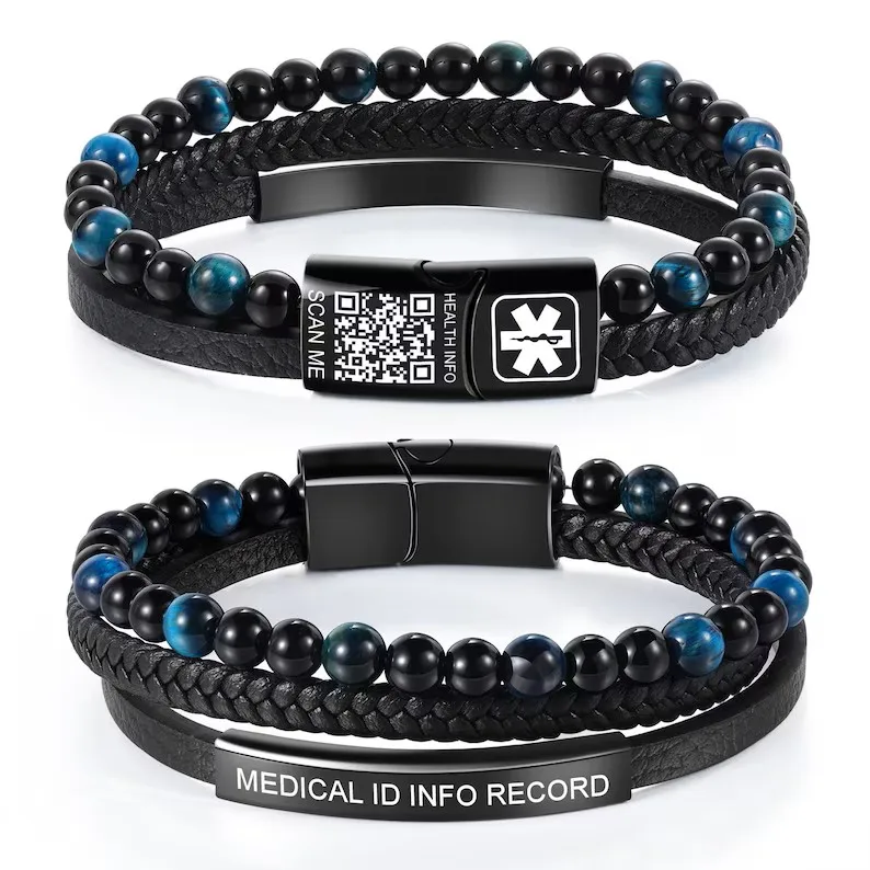 Natural Tiger Eye Stone Medical ID Bracelet Men Braided Genuine Leather Wristband Custom QR Code Emergency Alert Health Jewelry