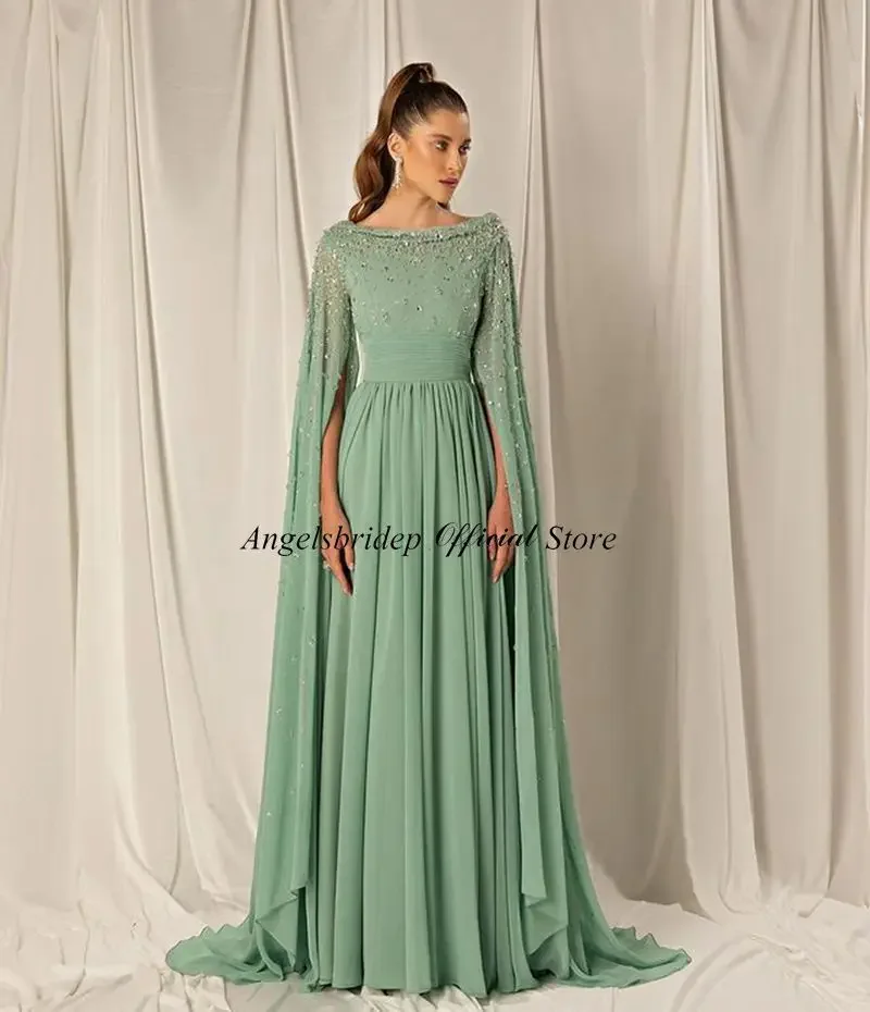 

Luxury Cap Sleeves A-line Mint Green Evening Dresses Chiffon Crystals Robe De Soirée Formal Party Prom Gowns for Women