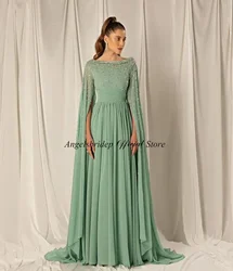 Luxury Cap Sleeves A-line Mint Green Evening Dresses Chiffon Crystals Robe De Soirée Formal Party Prom Gowns for Women