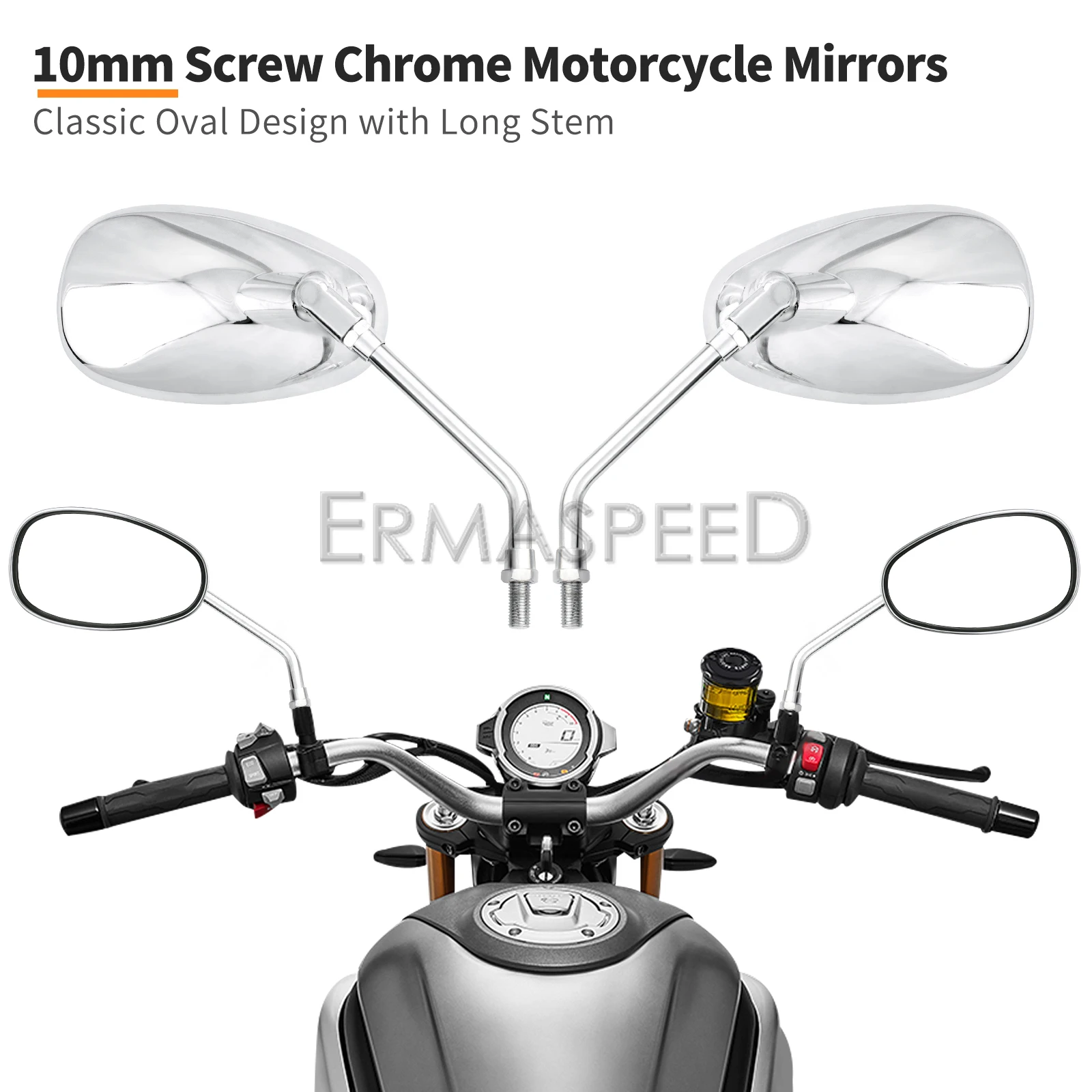 Universal 10mm Chrome Rearview Mirrors Motorcycle Motocross Scooter E-bike Racing Motorbike Side Mirror Rear View Accessories