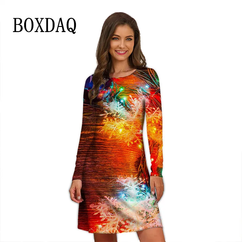 Christmas Dresss For Women 2023 Long Sleeve Tie Dye Snowflake Print Dress Autumn Oversized Loose Casual Mini Party Dress Vestido