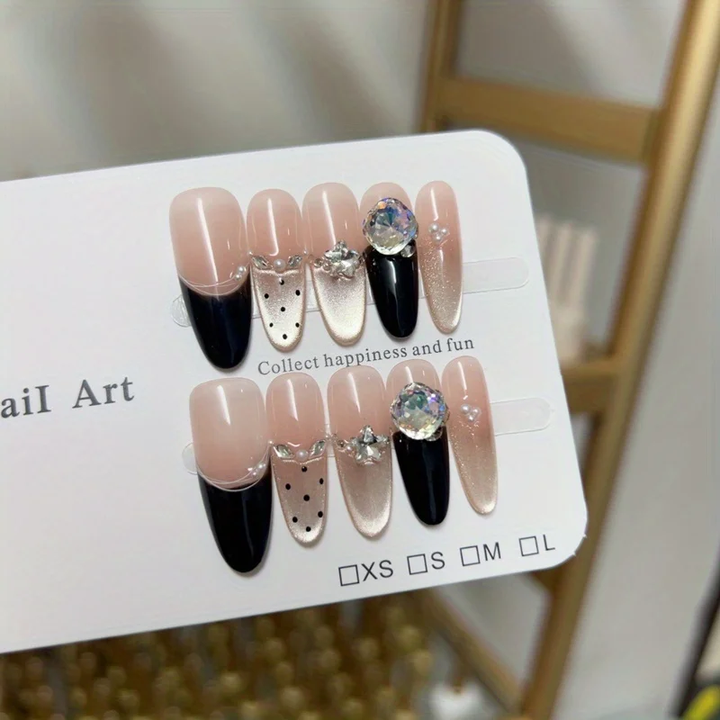 10pcs high-end French pink and black contrasting colors are paired with pearls and diamonds handmade fake nails,This cute yet se