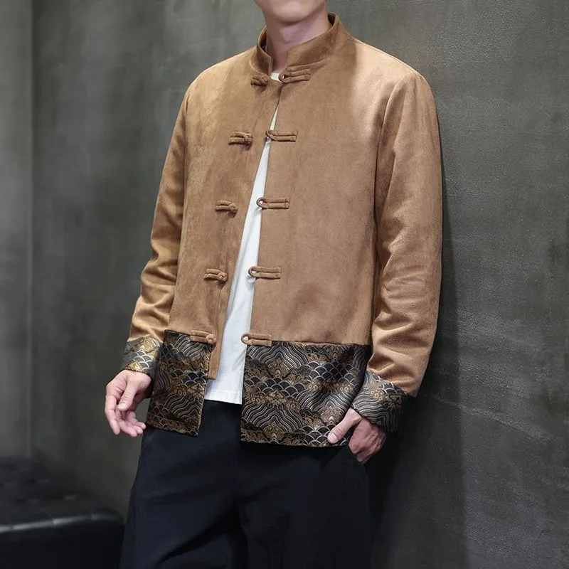 

Замшевая флисовая куртка, мужская куртка с воротником-стойкой, весенний костюм Тан в китайском стиле, новый топ на пуговицах в китайском стиле в стиле ретро