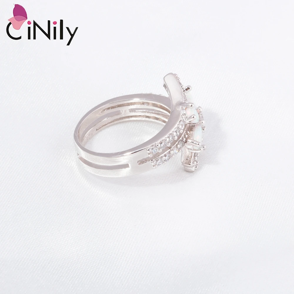 CiNily White Fire Opal Stone Rings Large Wide Filled Ring Silver Plated Flower Flora Bohemia Boho Fully-Jewelled Gifts for Women