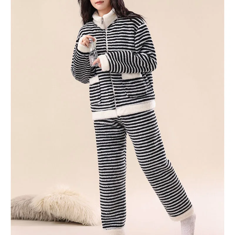 Women's Winter-Ready Coral Fleece Pajama Jacket for Outerwear Thickened Warm Striped 2-Piece Flannel Zipper Loungewear Set for O