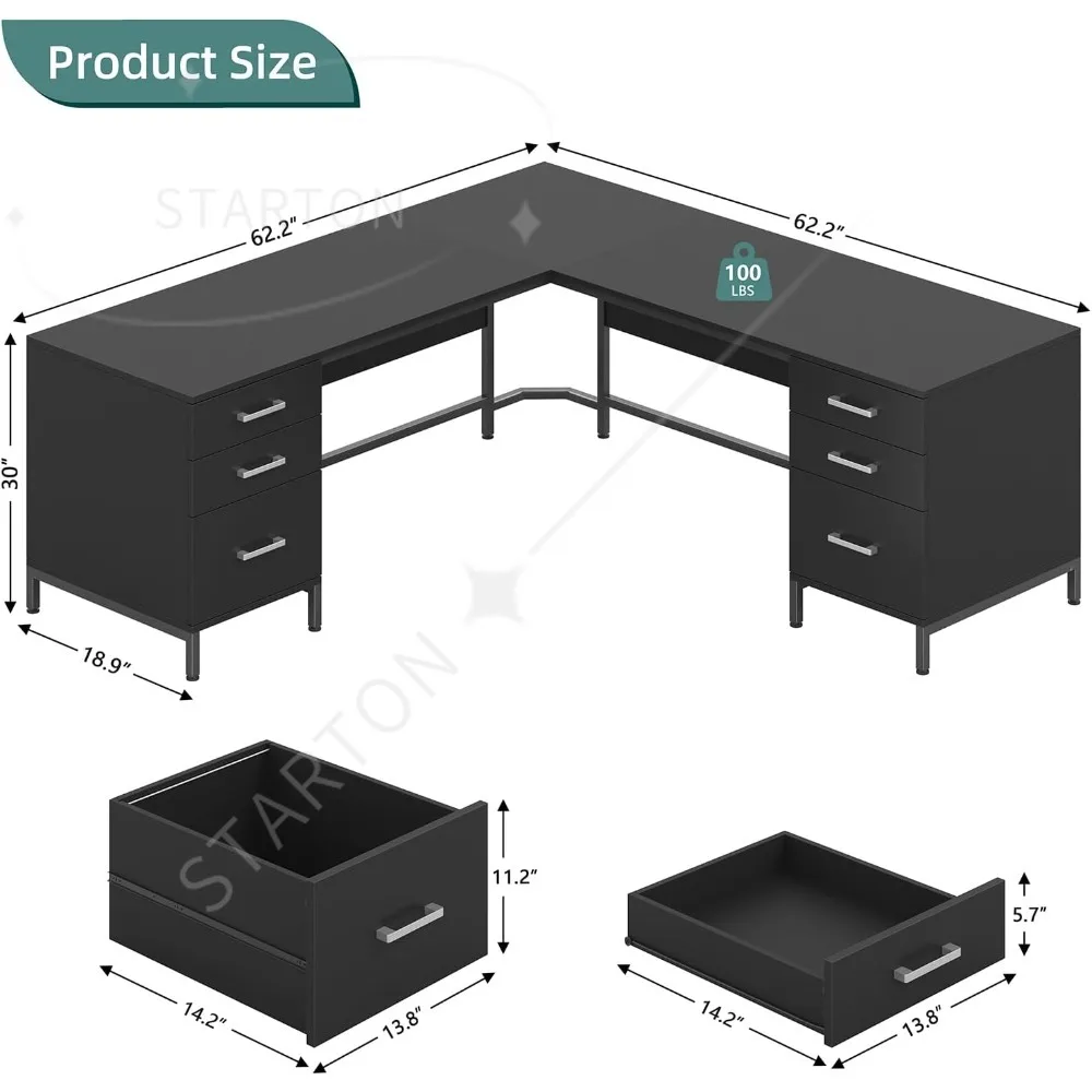

L Shaped Desk with 6 Drawers, Large Home Office Corner Computer Desk, Modern Metal Wood Desk