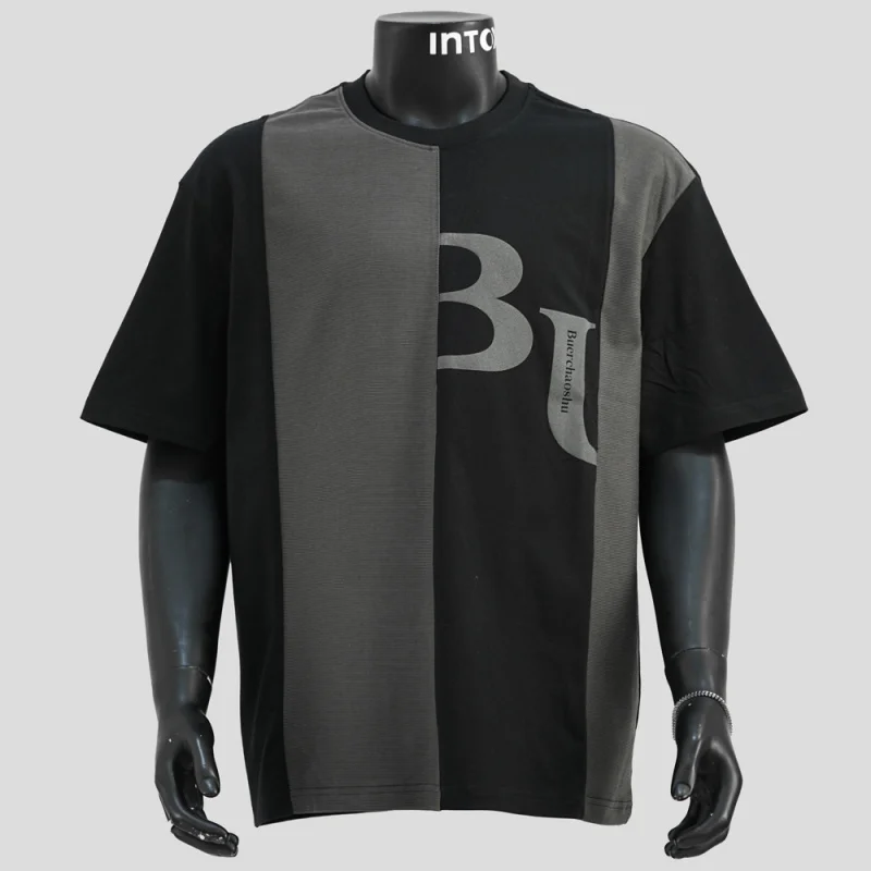 تي شيرت عصري بأكمام قصيرة للرجال صيفي مرقع ياباني متباين برقبة دائرية #3