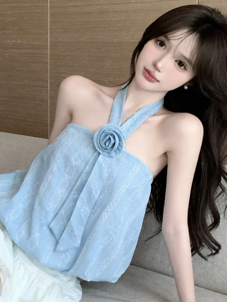 

Charming Sweet Pure Desire Hanging Neck Strap Top Women's Summer New Sexy Back Puffy Flower Bud Top Princess Style Slim Fit
