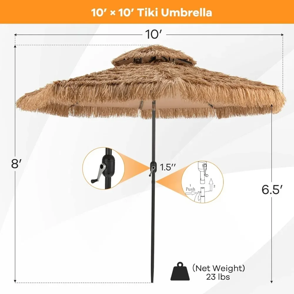 10ft Thatched Patio Umbrella, Hawaiian Style Beach Umbrella with 32 LED Lights, 8 Bones, Tilt Adjustment, Pool Party Umbrellas