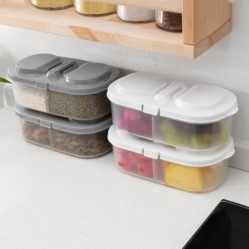 Dual Compartment Covered Kitchen Food and Miscellaneous Grain Sealed Jar Multifu Home Kitchen Refrigerator Plastic Storage Box