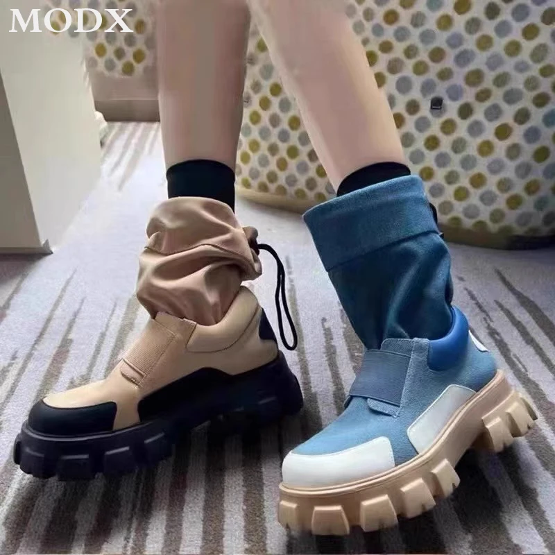 

2023 Autumn Winter New Design Short Boots Slip-on Round Head Mixed Colour Sports Fashion All-match Denim Street Style Brand Boot