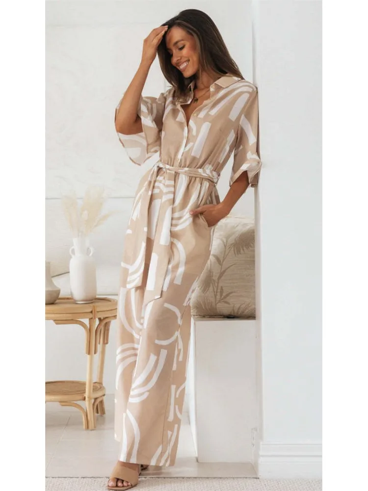 Summer Print Women Jumpsuit Fashion Elegant Casual Lace Up Wide Leg Long Pants Jumpsuit Female Office Holiday Rompers New 2024