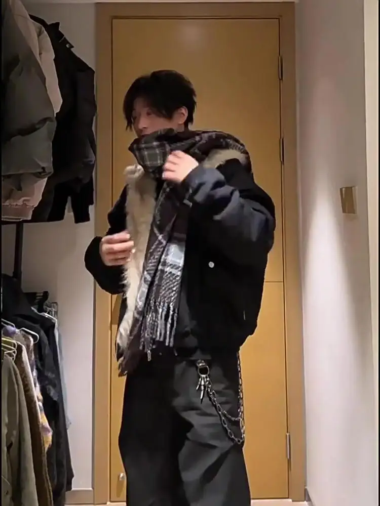 Retro American High Street Vibe Hooded Cotton Jaet Men's Thiened Fur Collar Winter Warm Faionable Casual Outerwear