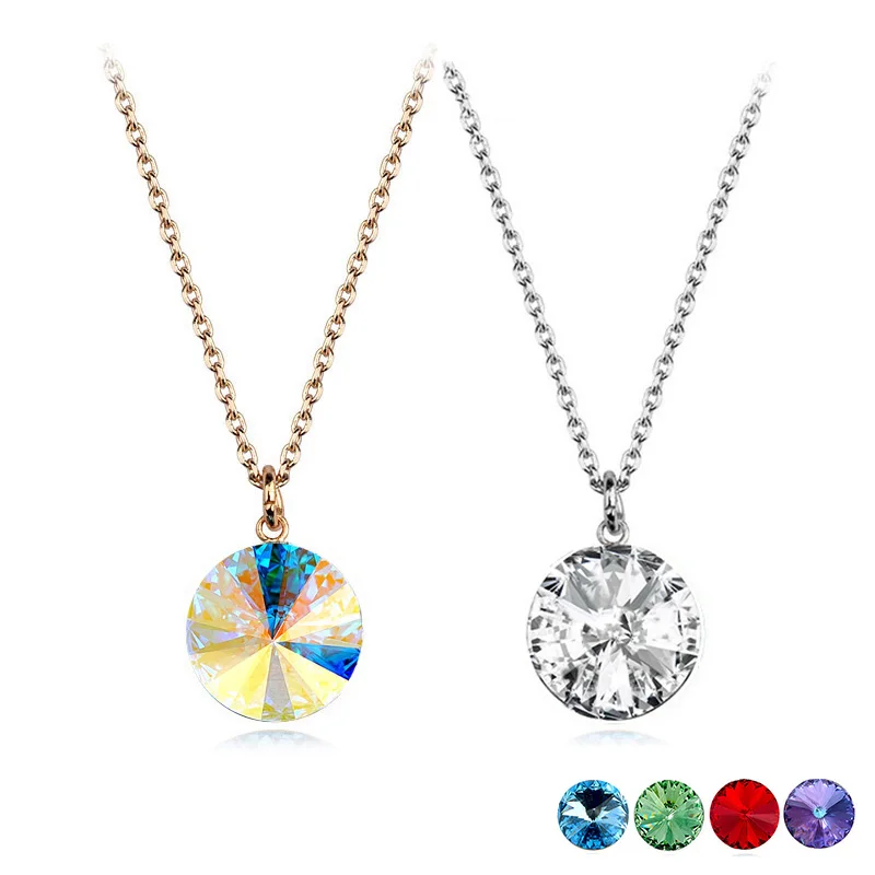 

Real Crystals from Austria Round Pendant Necklace for Women Wedding Bella RIVOLI Stone Silver Gold Color Evening Jewelry