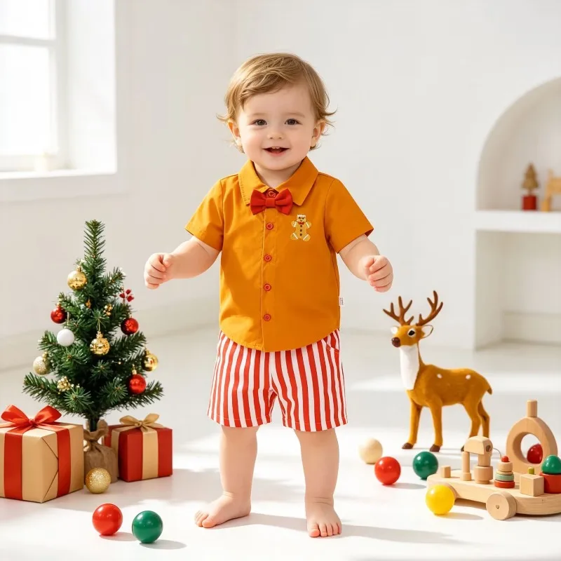 Infant Baby Boy Christmas Outfit Orange Button Up Shirt With Red Bow Tie Striped Shorts And Gold Bell Embellishment 0 24M