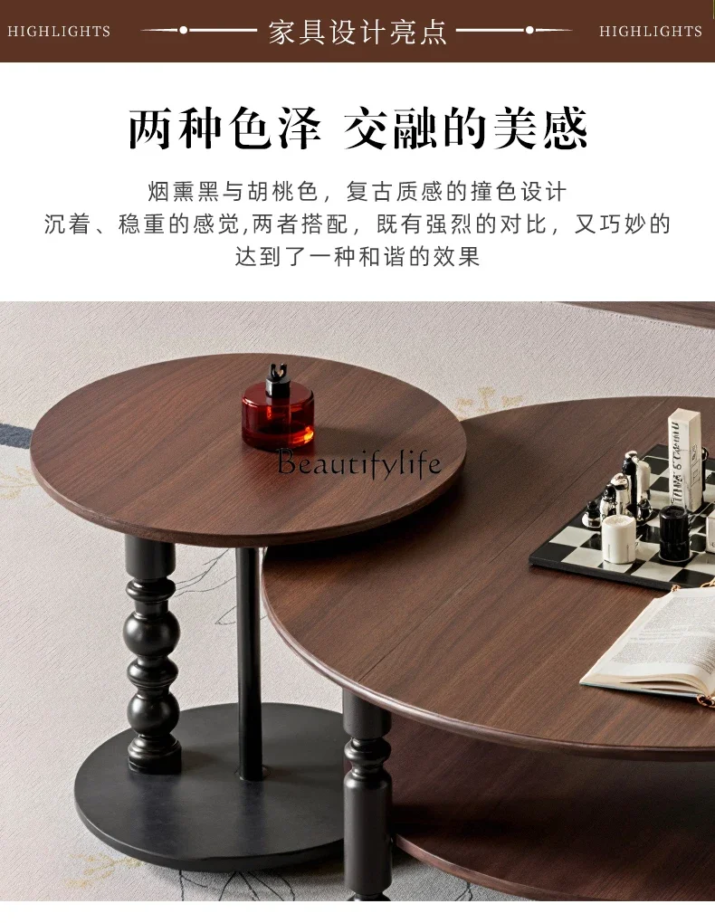 Meja kopi bundar kayu solid gaya abad pertengahan untuk ruang tamu rumah tangga apartemen kecil bergaya retro Prancis