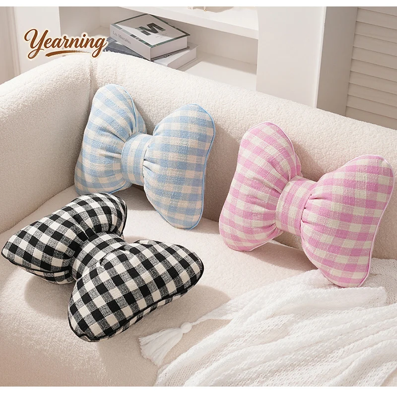 

Sofa Throw Pillow Car Lumbar Support Pillow Checkered Bow Tie Living Room Seat Lumbar Pad Back Cushion