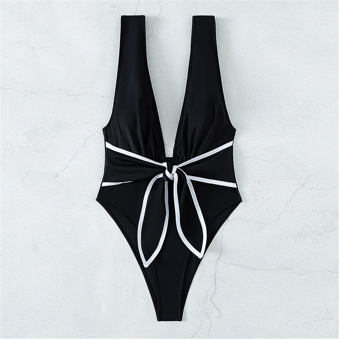Sexy, tief ausgeschnittener Monokini-Badeanzug mit Knoten und offenem Rücken, einteiliger Badeanzug für Damen, gepolstert, mit hohem Beinausschnitt, Badebekleidung, Badeanzug, Modell V3487. – Detail 10