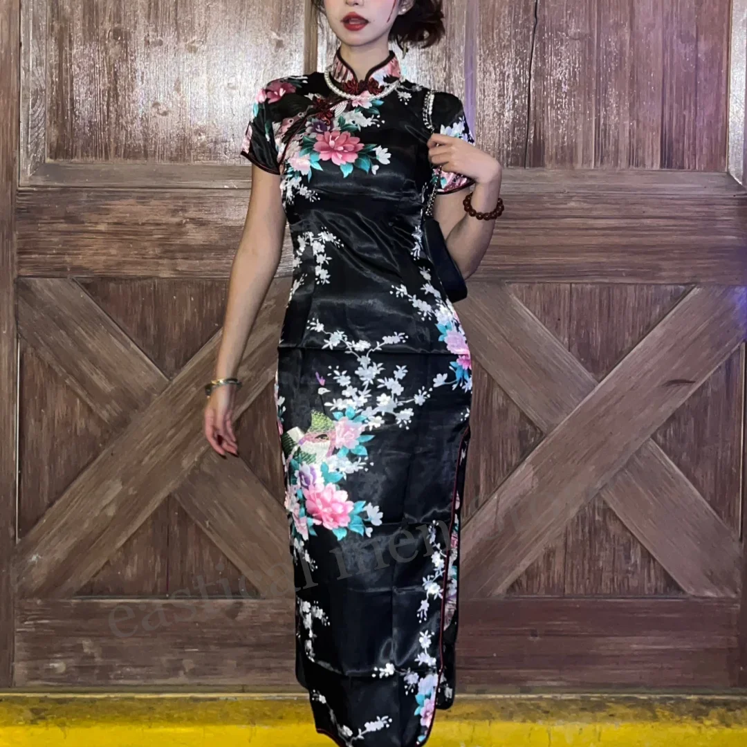 Long Elegant Cheongsam Plus Size 3Xl 4Xl 5Xl 6Xl Qipao Women Satin Print Flower Chinese Style Dresses Summer New Vestidos