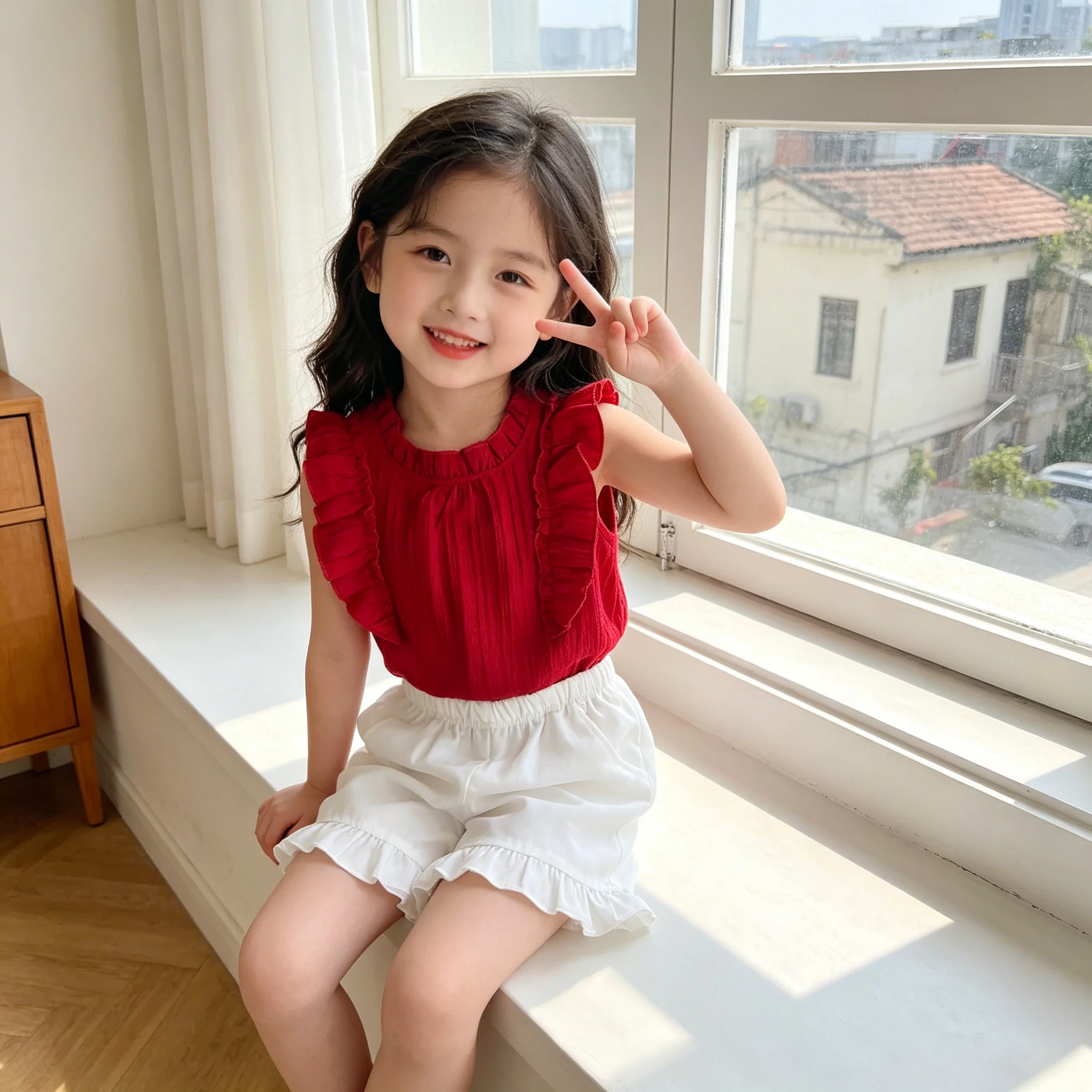 2Pcs Girls' Small Stand Collar Ruffle Sleeveless+Shorts Set Suitable for 4-7 Year Girls Summer Fashion Set Children's Clothing